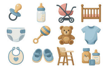 Baby essentials: pacifier, bottle, stroller, crib, diaper, rattle, toy, onesie, shoes, high chair, bib, powder