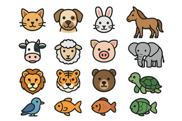 Obraz premium Cute cartoon farm and wild animal faces illustrations