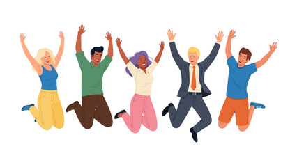 Joyful Jumpers: A group of people leap with unrestrained joy, embracing life with a spirited, diverse perspective. This vibrant scene embodies the essence of happiness.