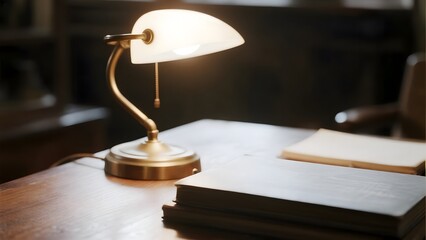 Desk with a glowing lamp and stacked books in a cozy, dimly lit room