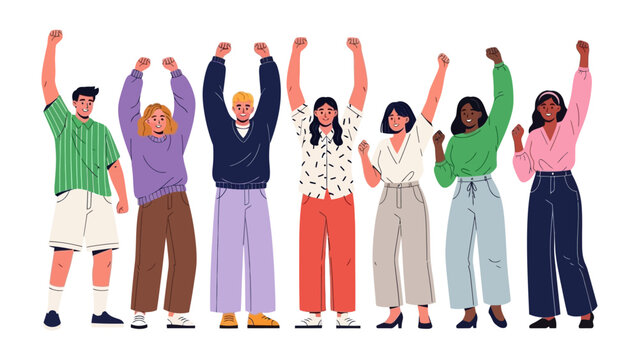 A Unified Expression of Collective Power: A diverse ensemble of individuals stands united, their raised fists symbolizing solidarity and strength in this powerful illustration. 