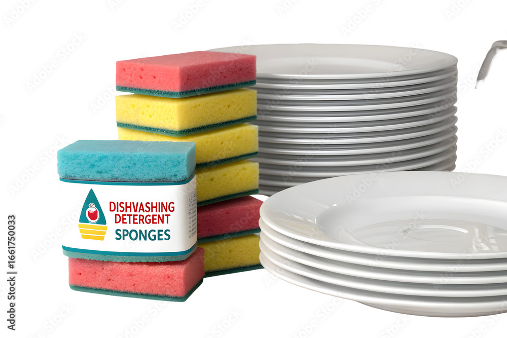 Poster dishwashing detergent sponges and stack of clean plates 3d rendering isolated on transparent backgro