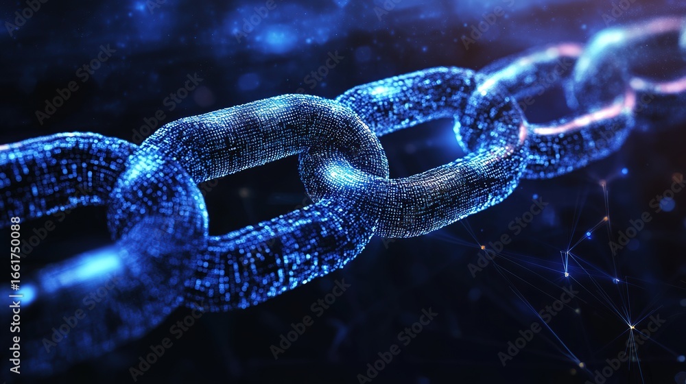 Poster a close-up view of a digital chain link, showcasing interconnected data elements in a futuristic, gl