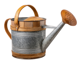 Galvanized metal watering can with wooden handle and spout, rustic gardening tool for outdoor plant care, isolated on transparency background, vintage style, practical and decorative