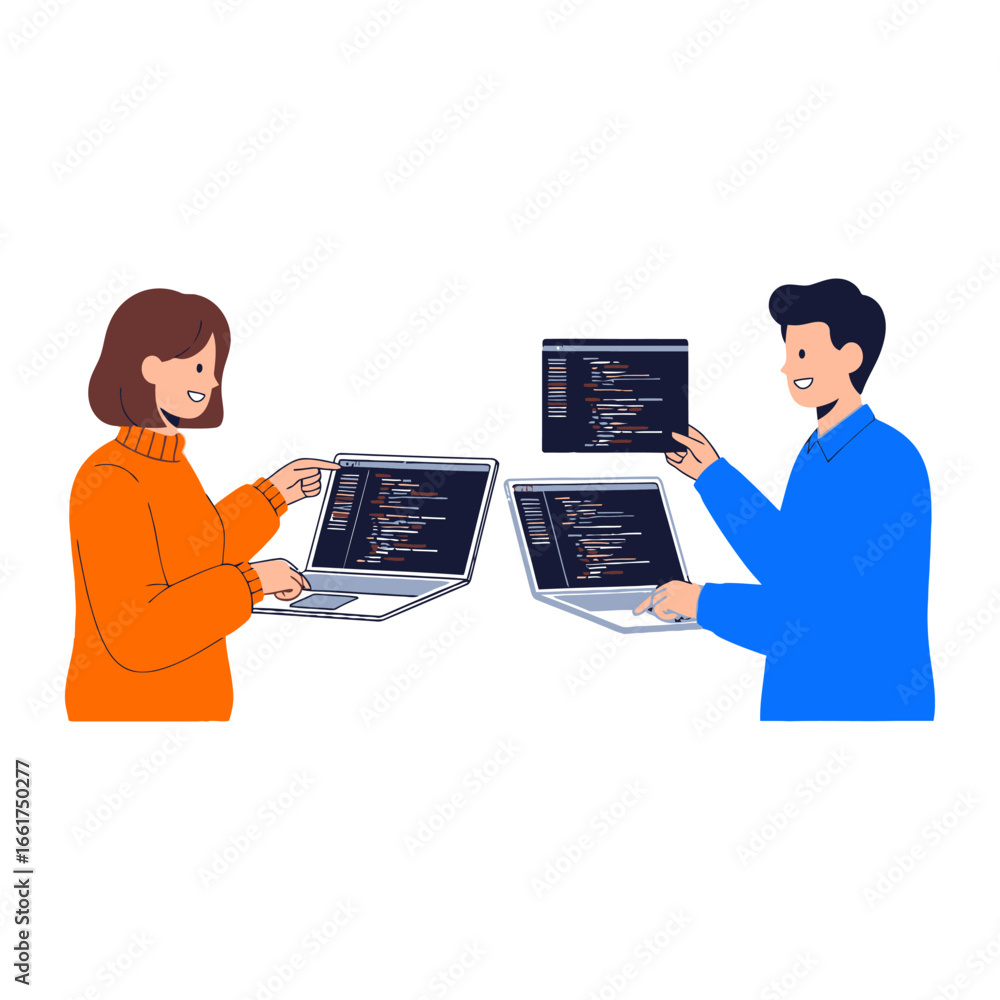 Poster digital synergy: two professionals, engaged in a collaborative project, are interacting with their l