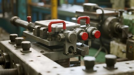 Fototapeta premium Industrial machinery with red-handled valves in a factory setting
