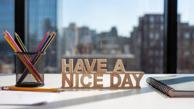 Brighten your workspace with cheerful "Have A Nice Day" wooden letters and colorful pencils.