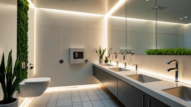 Modern public restroom interior with sleek sinks mirrors green plants and glowing ceiling lights in clean design