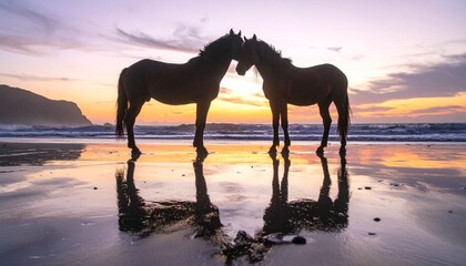 Two horses standing on the beach, heads touching, reflected in the wet sand at sunset.