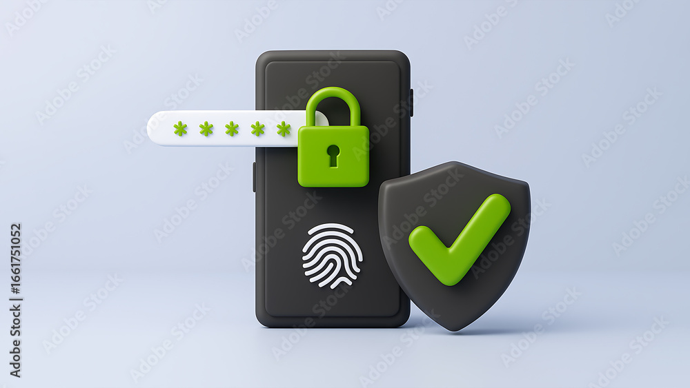 Poster 3d illustration of mobile phone with fingerprint authentication, password bar, padlock and shield wi