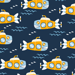 submarine ship fish robot cartoon vector seamless pattern design for kids apparel fullprint fabric