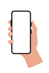 Hand holding a smartphone. Vector flat clipart isolated on white background.