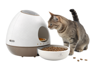 Smart Pet Feeder with Cat Eating Dry Food, Automatic Cat Feeder Dispenser for Kibble and Wet Food, Modern Pet Care Technology, Feline Feeding Station, Pet Tech Design