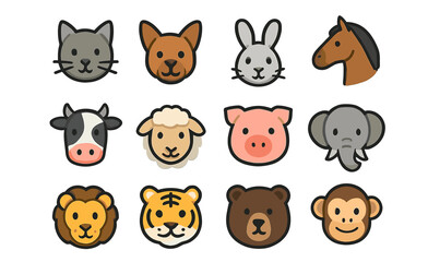 Obraz premium Cute cartoon animal faces collection including cat, dog, rabbit, and more