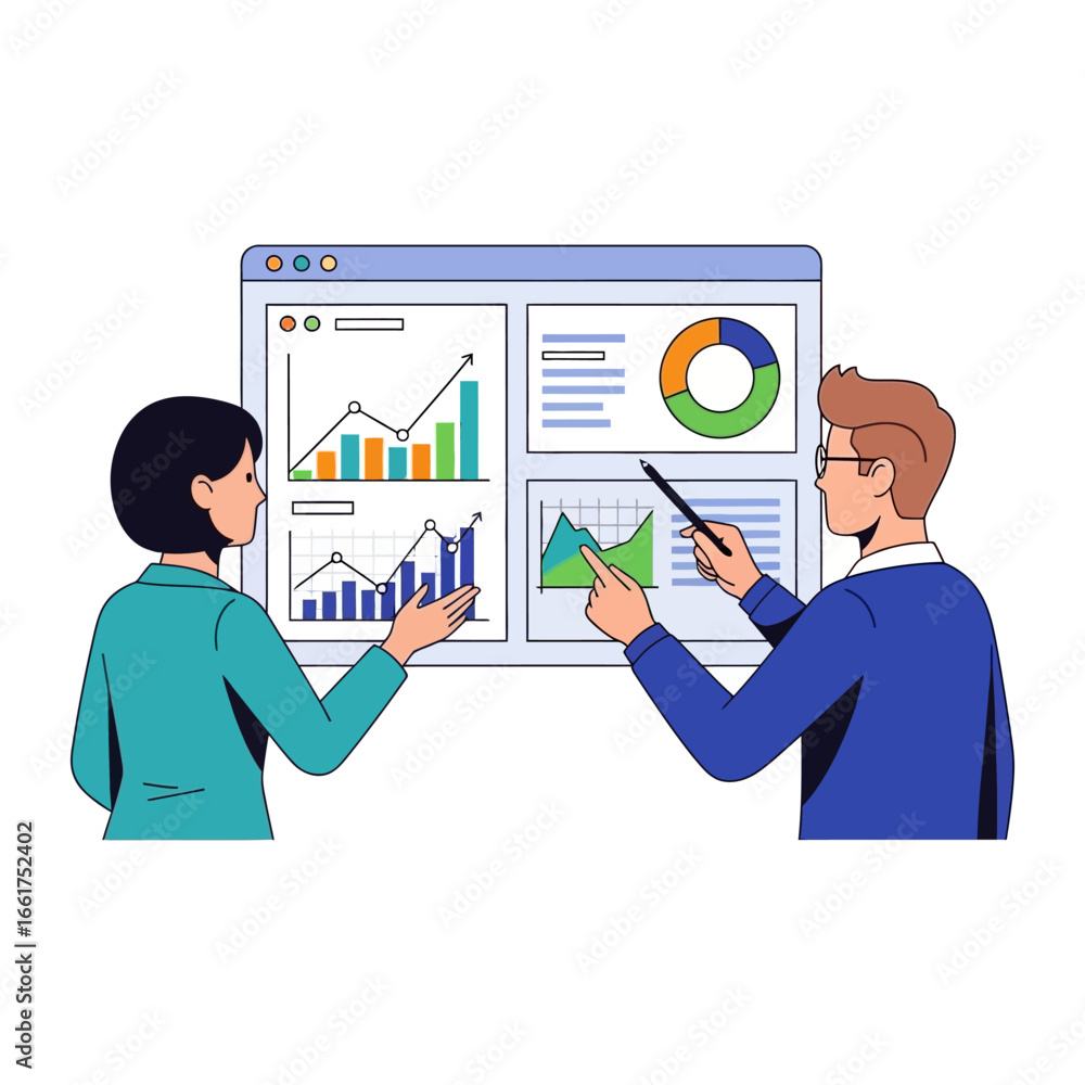 Poster data analysis partnership: a graphic representation captures a dynamic teamwork scenario where two i