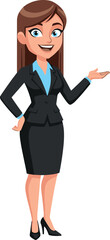 Professional cartoon businesswoman vector illustration, confident woman in black suit and blue shirt presenting gesture, corporate character design, office concept, isolated white background