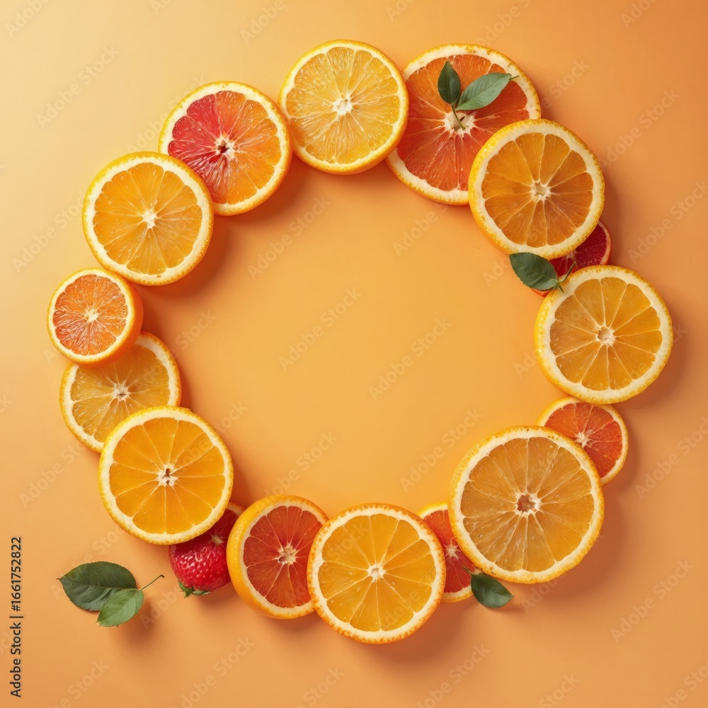 Poster fresh and vibrant citrus fruit slices arranged in a circular pattern on a warm orange background per