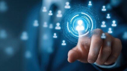 Interactive digital user interface focusing on a single person icon, surrounded by a network of similar icons