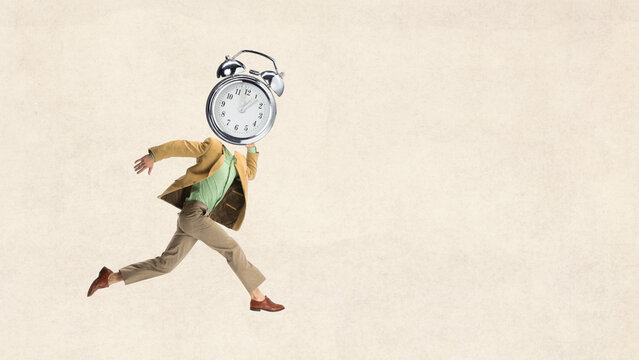 Digital artwork. Running man with alarm clock instead of head symbol of hurry. Concept of time pressure, stress, corporate deadlines, HR training, lifestyle balance and productivity.