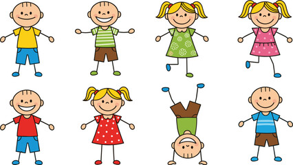 Cartoon group of eight diverse children in colorful outfits, happy kids standing and playing, cute character illustration, isolated vector for education and fun themes