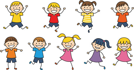 Naklejka premium Cartoon group of eight happy children jumping with arms raised, diverse boys and girls in colorful outfits, joyful character illustration, isolated vector design