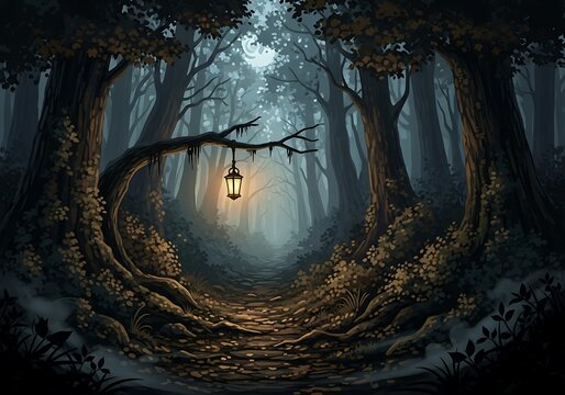 International coffee day mysterious forest path illuminated by a hanging lantern on a gnarled branch, creating an enchanted and atmospheric scene - Powered by Adobe