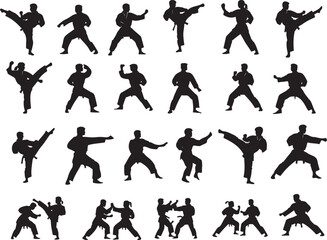 Collection of martial arts silhouettes demonstrating various combat poses and movements