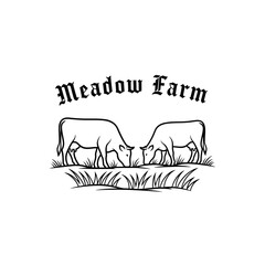 A simple logo design featuring two cows peacefully grazing in a meadow. Perfect for a farm or dairy business.