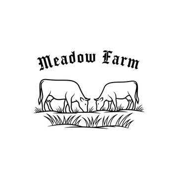A simple logo design featuring two cows peacefully grazing in a meadow. Perfect for a farm or dairy business.