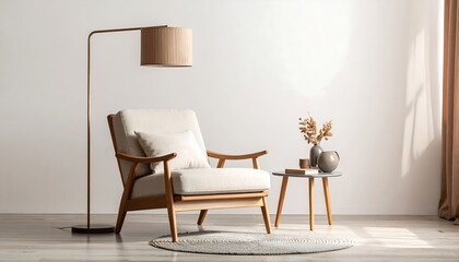 Minimalist Modern Living Room with Wooden Accent Chair and Side Table