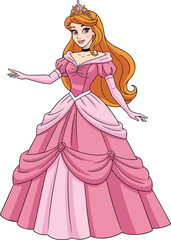Fototapeta premium Cartoon princess character vector illustration, wearing layered pink gown with hearts, jeweled crown, long orange hair, royal fairy‑tale design, isolated background