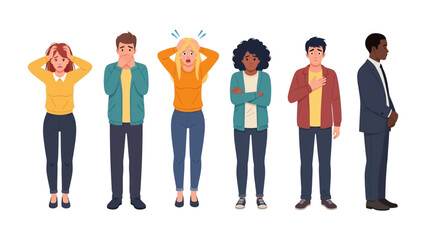 Fototapeta premium Human Expressions: A diverse group of individuals express a range of emotions, from shock and confusion to relief, embodying the spectrum of human experience.