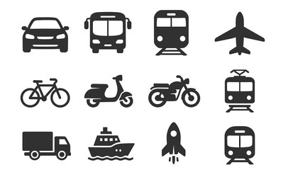 Transportation icons set featuring cars, bikes, planes, and more