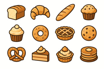 Assorted bakery icons: bread, croissant, cookies, cupcakes, pancakes, pie