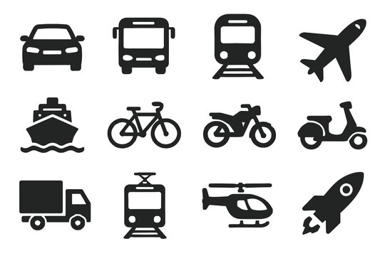 Black icons of various transportation modes including car, bus, and airplane