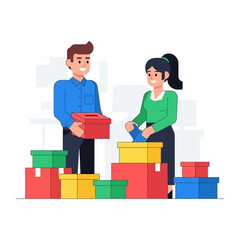 Obraz premium Community Volunteers: Two friendly volunteers are sorting donation boxes. A heartwarming image emphasizing acts of kindness, community engagement, and the spirit of giving, set against a bright.