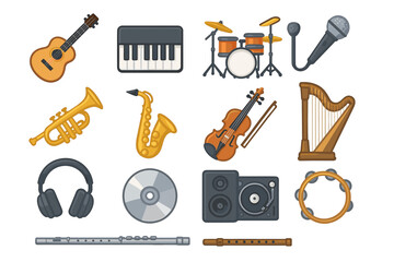 Musical instrument collection: guitar, piano, drums, microphone, violin, harp, saxophone, trombone, flute, tambourine