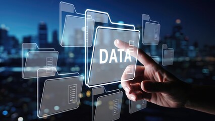 Accessing digital data files on futuristic touchscreen interface with city skyline background