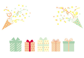 誕生日プレゼントの並んだカラフルで可愛い誕生日カードのイラスト