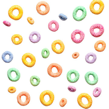 Vibrant Colorful Cereal Rings Floating on White Background Isolated Cutout