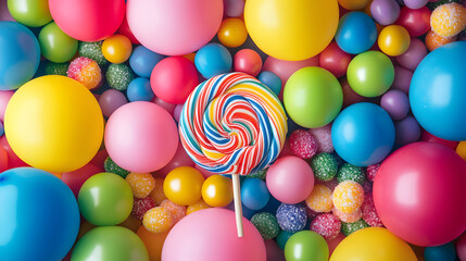 Obraz premium Colorful lollipop surrounded by balloons and candy. Sweet treats background.