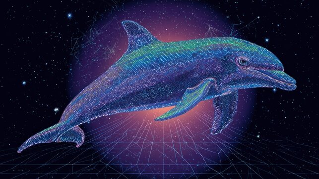 Dolphin in a futuristic, star-filled space
