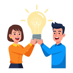Illumination Partnership: A dynamic duo of innovative individuals collaborate, cradling a radiant light bulb, symbolizing a bright concept born through teamwork and collective synergy. 