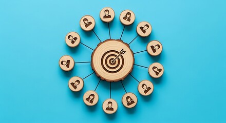 Target audience concept illustrated with wooden elements showcasing customer connections and business objectives on blue background