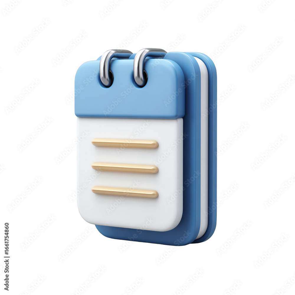 Poster 3d render of a blue and white open notebook or calendar with golden lines, isolated on transparent b