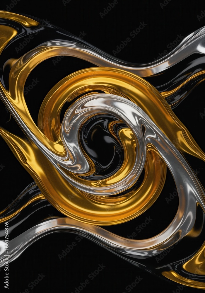Poster a mesmerizing swirl of metallic gold and silver forms dynamic patterns against a dark background, cr