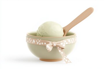 A scoop of matcha green tea ice cream in a ceramic bowl, served with a wooden spoon.