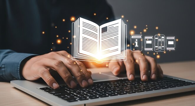 Typing on laptop with book icons representing online learning and knowledge acquisition for students