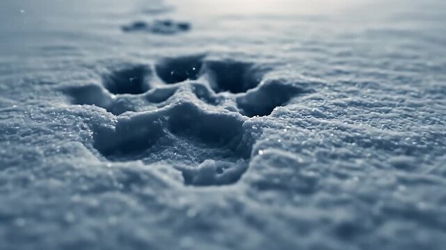 Monster Paw Prints On Freshly Fallen Snow Showing A Cold And Snowy Landscape