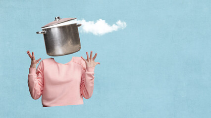 Minimalist pop art collage of woman with boiling pot head releasing steam. Concept of stress,...